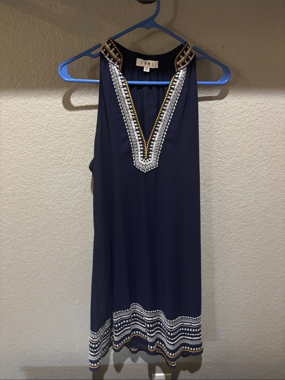 THML Navy Midi Dress with White and Gold Embroidered Trim